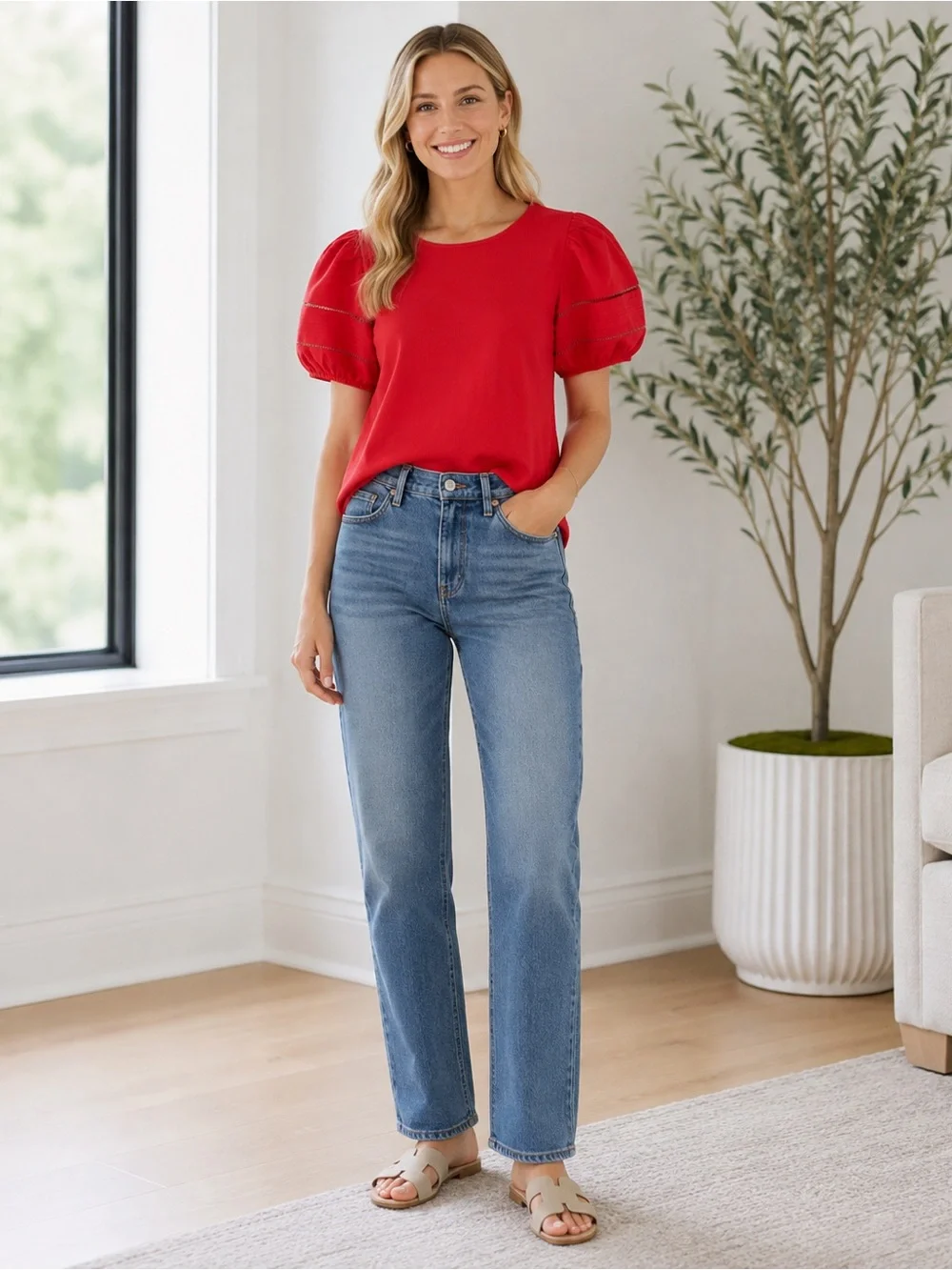 J. Crew Puff Sleeves Ribbed Top in Red size Medium